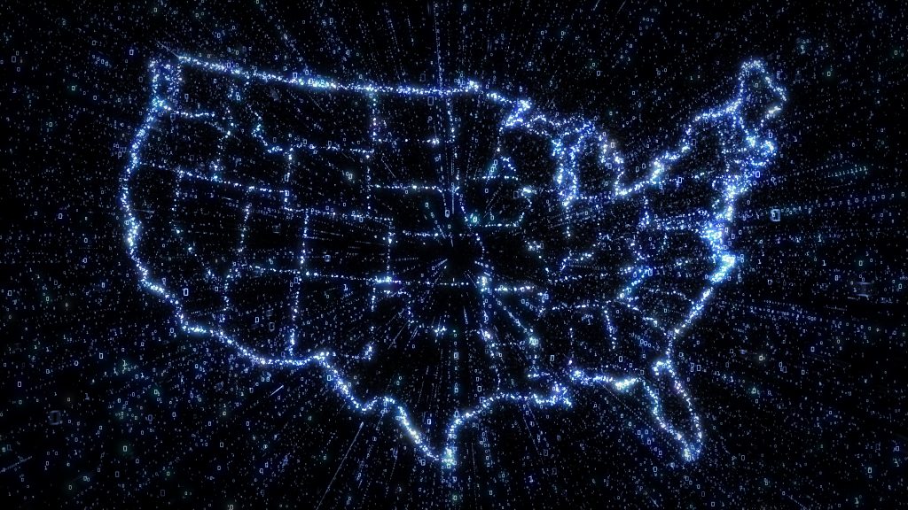 Glowing Digital Map Of Usa With Exploding Binary Data Sem Shred